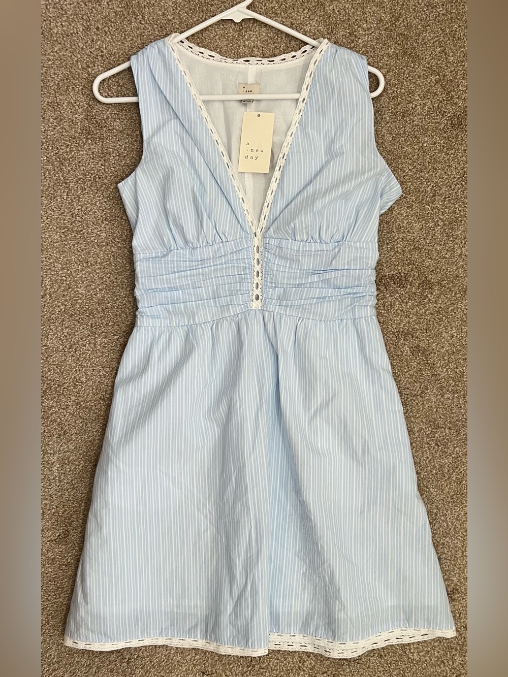 a new day Light Blue & White Striped Sleeveless V-Neck Dress w Pockets XS NWT!